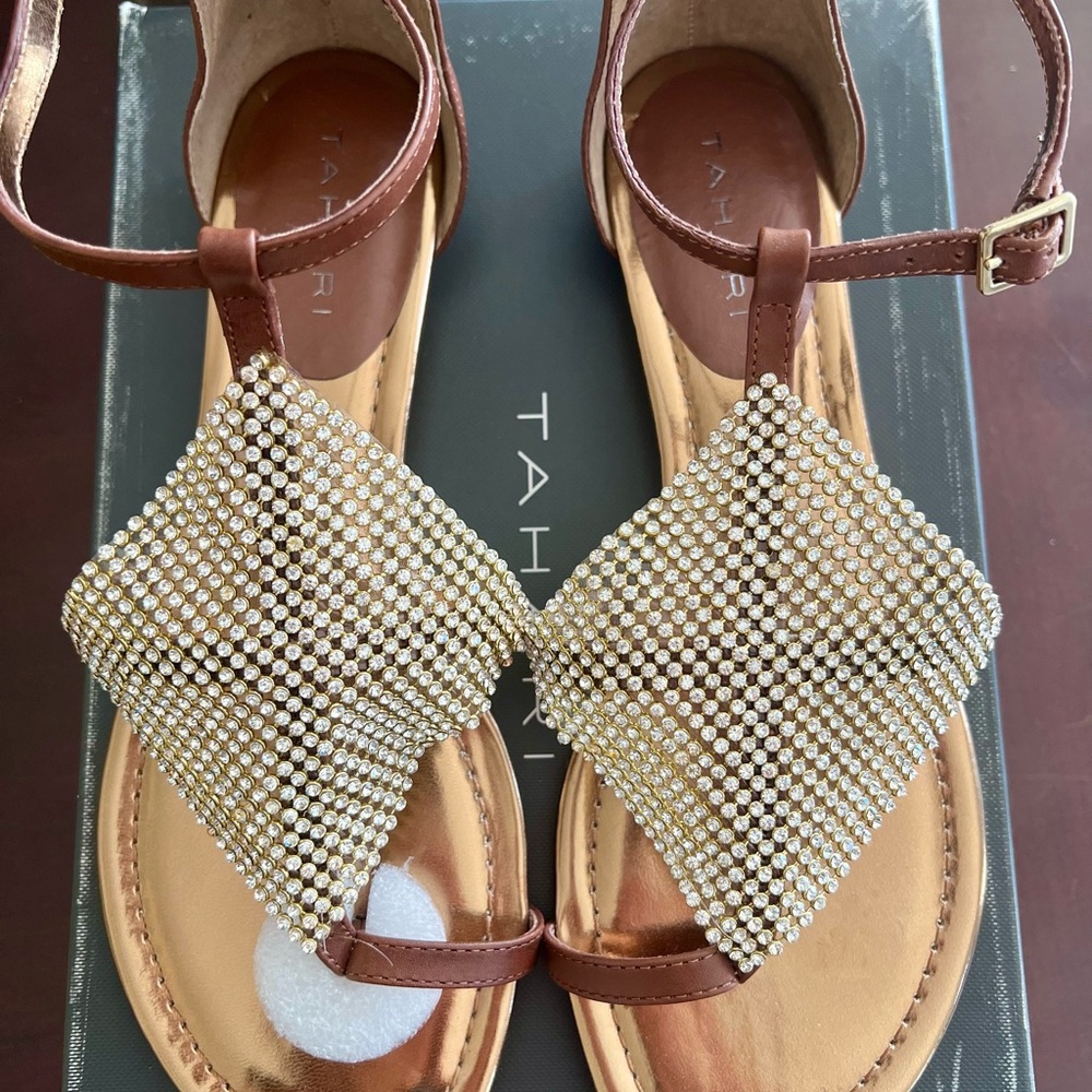 Tahari Emma Rhinestone Embellished Brown Sandals Size 8.5 NIB
